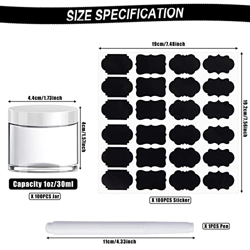1 oz Plastic Cosmetic Jars with White Lids - Set of 100, Reusable & Leakproof