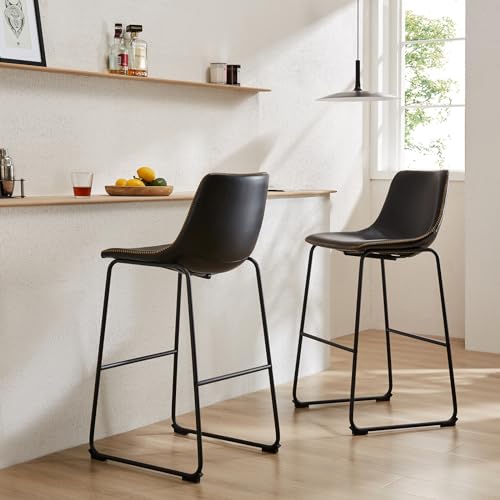 Sweetcrispy Set of 2 Black Faux Leather Bar Stools with Metal Legs - Counter Height