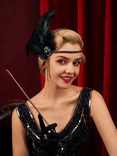 Green 1920s Flapper Headpiece Rhinestone Pearl Feather Headband for Gatsby Party