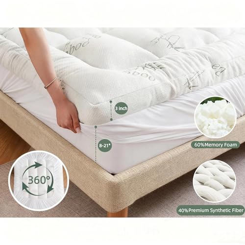 Twin XL Mattress Topper with Memory Foam, Cooling Bamboo Cover & Pressure Relief