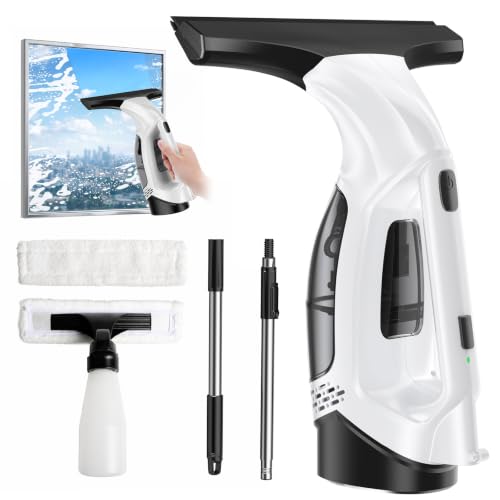 Cordless Window Vacuum Squeegee with Extendable Pole, 2200mAh Battery, 11-Inch Silicone Blade