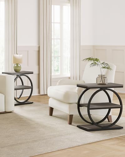 LITTLE TREE 3-Tier End Table - Slim Nightstand for Living Room & Bedroom, Grey/Black Variation 1