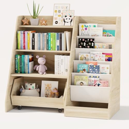 COZPAW Kids Bookshelf & Toy Storage Medium Oak 4-Tier Toddler Organizer