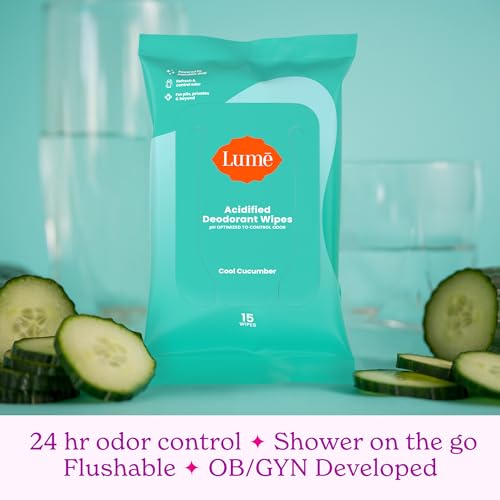 Lume Deodorant Wipes with Mandelic Acid - Aluminum & Baking Soda Free, Cucumber Scent, 15 Count, Pack of 6