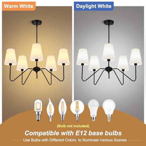 FIYUEOYI 5-Light Black Modern Farmhouse Chandelier with White Fabric Shade - Variation Black & White