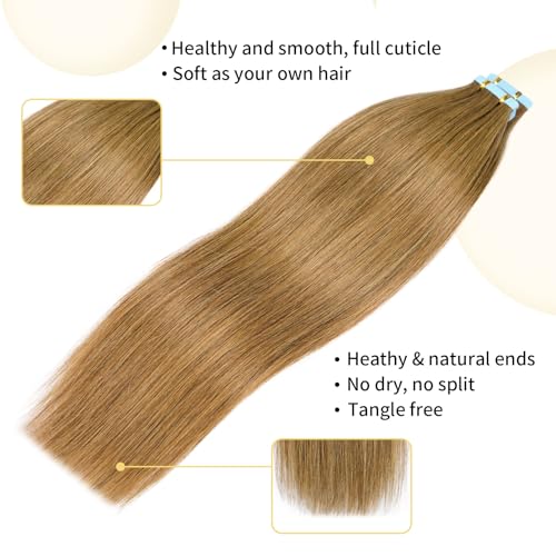 Tape in Hair Extensions Human Hair 16 Inch Light Brown 20 Pcs/50g - Remy Salon Quality