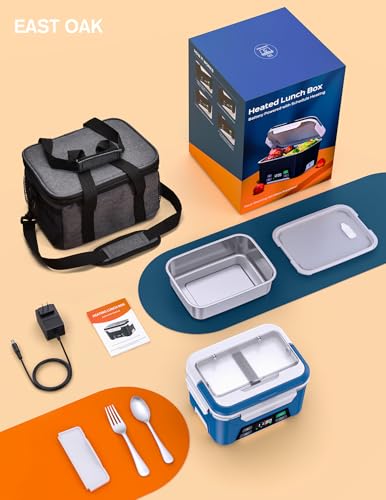 Large Blue Wireless Heated Lunch Box for Men with Timer & Removable Divider