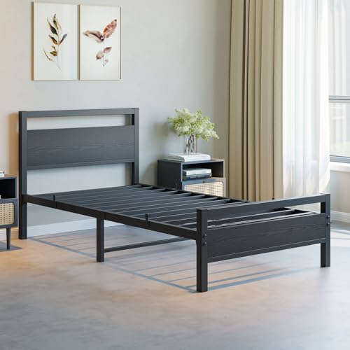 Black Twin Bed Frame with Wooden Headboard, Metal Platform, No Box Spring Needed