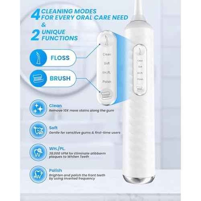 Electric Toothbrush with Water flosser, 3 in 1 Teeth Cleaning Kit with 7 Modes, Electric Toothbrush and flosser Combofor Adults, Water Flosser Portable for Travel and Home (White)