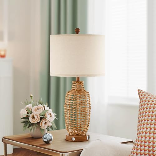 Natural Rattan Table Lamps Set of 2 with USB Ports - Dimmable Touch Control, Farmhouse Rustic Wicker Lamps for Bedroom Living Room Office