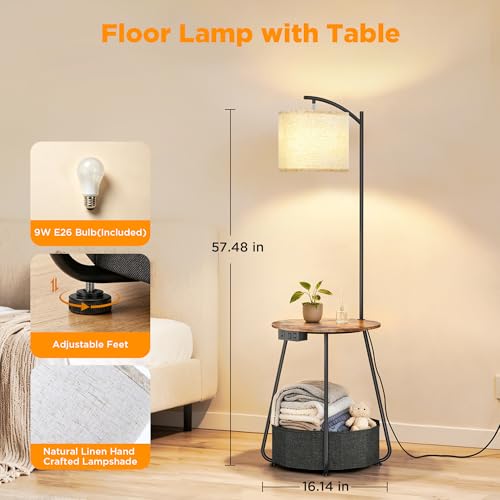 Rustic Brown Floor Lamp with Table & Charging Station - Modern Nightstand with USB & Type-C Ports