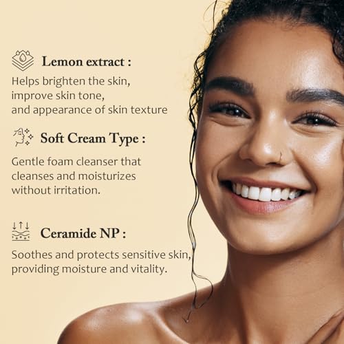 eyeNlip Ceramide Lemon Cleansing Foam 3.3fl oz - Creamy Daily Cleanser with Fruit Extracts and Ceramide NP for Soft, Fresh Skin, Korean Skin Care