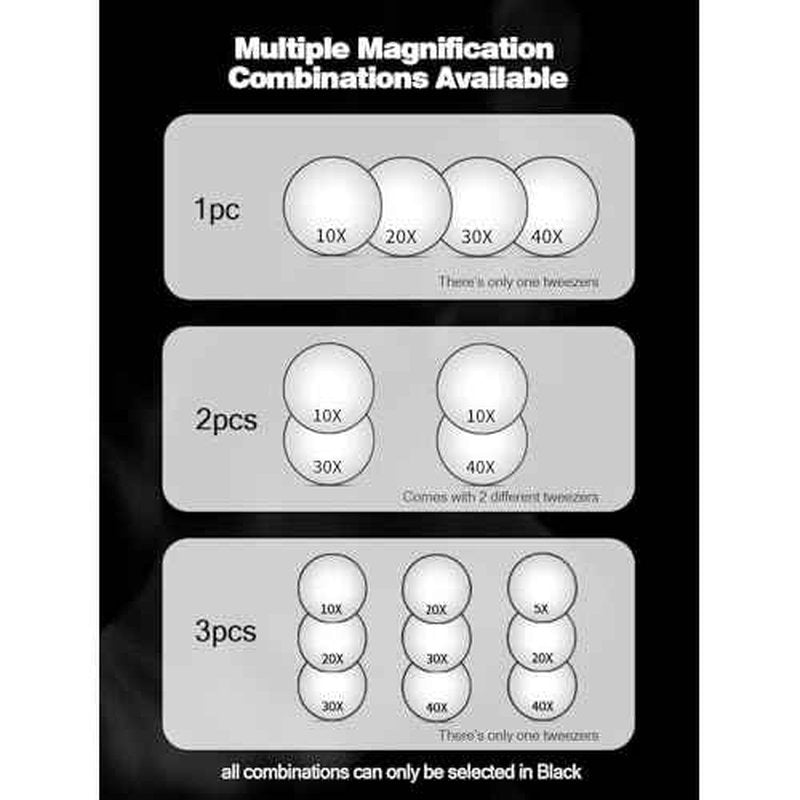 20X/30X/40X Magnifying Mirror with Suction Cups and Tweezers Set, 3.5 inches Travel Magnified Makeup Mirror, Black, 3PCS