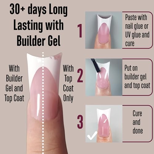 White French Tip Duck Feet Nail Tips Full Cover for Press on Acrylic with Moon Curve, BERRY PINK Extra Thick Medim Long, Flare Wide Soft Gel Fake False Nail Extension x 15 Sizes 150 pcs