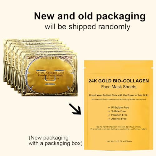 Adofect 15 Pack 24K Gold Collagen Facial Masks for Deep Hydration & Anti-Aging
