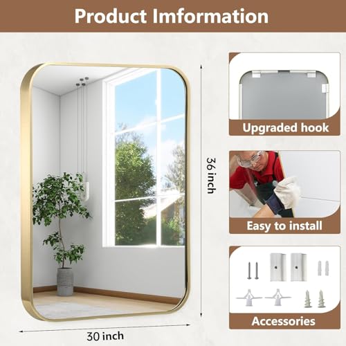 JENBELY 30x36 Inch Gold Bathroom Mirror Brushed Brass Rectangular with Rounded Corners - Light Gold