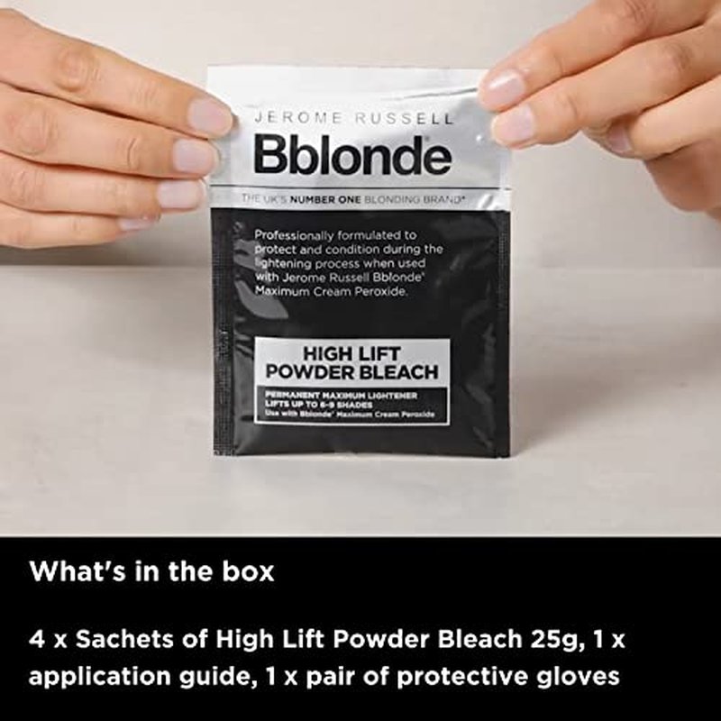 Jerome Russell Bblonde High Lift Powder - Blonde to Dark Brown Hair Lightener with Mineral Oils, Lifts 6-9 Shades, 4 Sachets (4x25g)