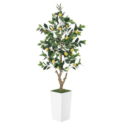 5FT Artificial Lemon Tree with White Tall Planter - Realistic Faux Plant