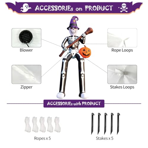 Halloween Inflatable Skeleton Wizard 12 FT with Broom & Pumpkin - Roof Skeleton Variation