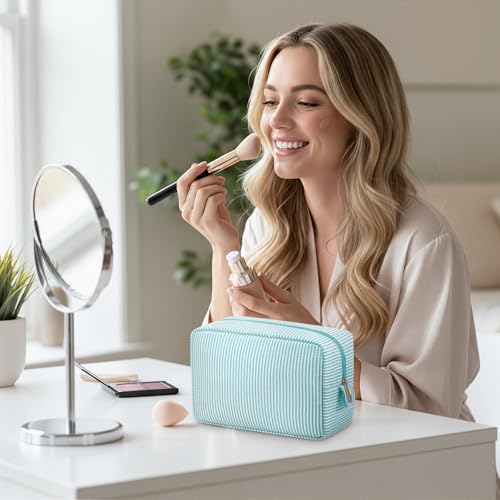 Sanwuta 10 Pcs Seersucker Cosmetic Bag Seersucker Makeup Bag Women Stripe Large Travel Toiletry Organizer Preppy Storage Pouch for Embroidery Wedding Bridesmaid Bride Mom (Mint Green)