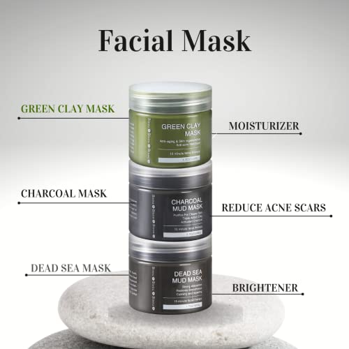3-Set Charcoal & Dead Sea Mud Face Mask Trio with Applicator - Hypoallergenic, pH Balanced