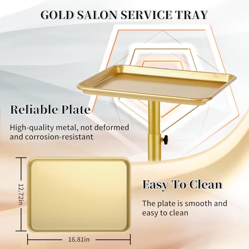 Salon Tray on Wheels, Gold Salon Rolling Tray with Adjustable Height, Hair Stylist Tray, Metal Service Instrument Storage Tray for Salon&Home Use, Suitable for Tattoo Tray and Dental Tray