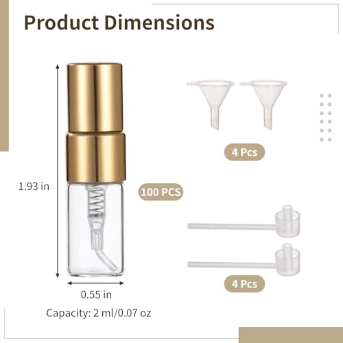 Lnrueg 100 Pcs Mini Spray Bottles, 0.07 oz/2 ml Refillable Glass Perfume Bottles, Portable Travel Sample Containers with Caps, Fine Mist Atomizers with 4 Funnels and 4 Dispensers, Gold