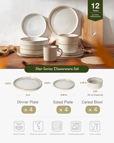Famiware Cappuccino White Star Stoneware Dinnerware Set for 4 - Reactive Glaze Plates & Bowls