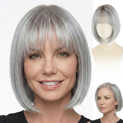 Grey Short Straight Synthetic Wigs for Women - 12 Inch Bob, Glueless, Heat-Resistant, Natural Look - Variation: Grey