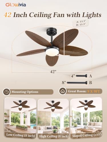 Brown 42 Inch Outdoor Tropical Leaf Ceiling Fan with RGB Light & Remote