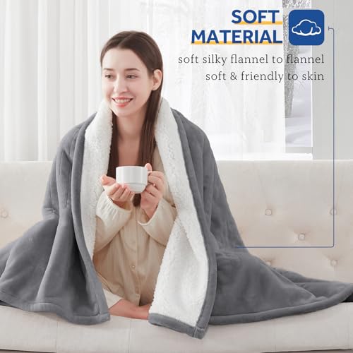 Twin Size Heated Blanket with Digital Controller - Flannel & Sherpa, Auto Off, Light Grey