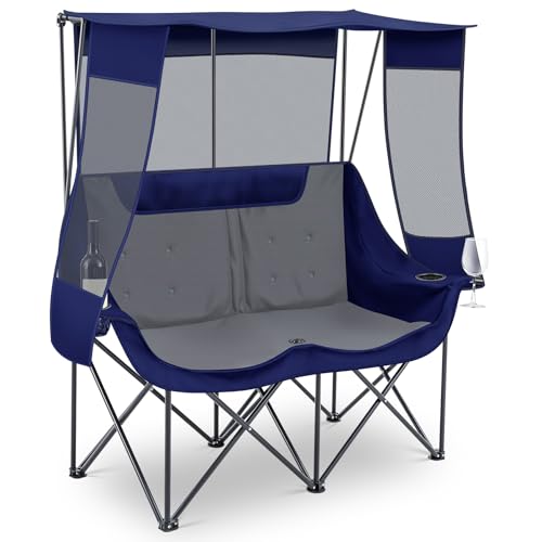 Teenyyou Double Camping Chair with Canopy - Blue & Grey Heavy Duty Support 660lbs