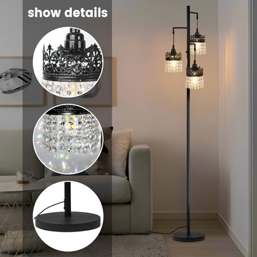 DMBOSS Crystal Floor Lamp - Modern Black Crown Design with Stepless Dimming (Black)