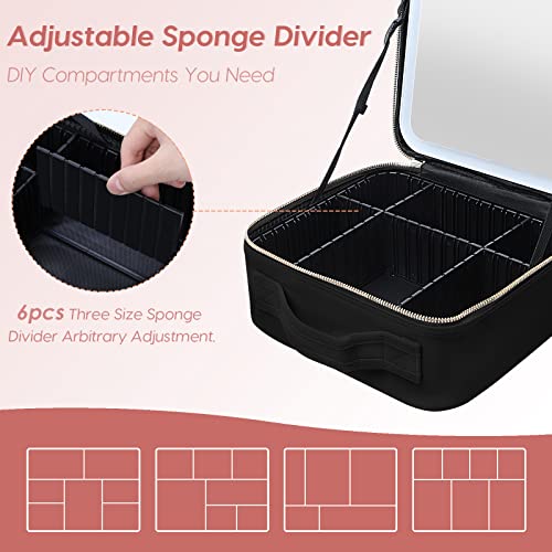 Gdsshuhung Black Makeup Bag with Mirror & LED Light - Travel Cosmetic Organizer