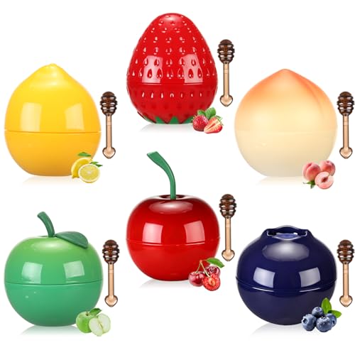 6 PCS Mini Bee Lip Balm Lip Mask Fruit Pot,Strawberry Lip Balm for Teens Girls 8-12,Peach,Cherry Moisturizing Lip Sleeping Mask Overnight Lip Treatment,Color lip Balm Gifts Set,Easter Basket Stuffers