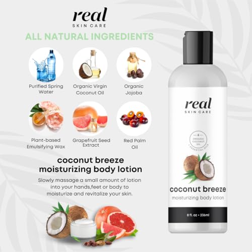 Organic Body Lotion with Coconut & Jojoba - Moisturizer for Dry & Sensitive Skin - Reduce Fine Lines - Coconut Breeze Variation