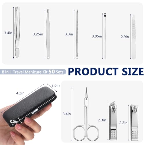 Geosar 50 Set Black Travel Manicure Kit - 8-in-1 Professional Nail Clipper & Grooming Tools