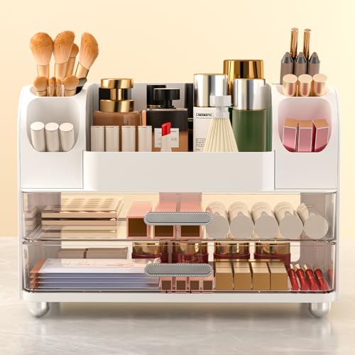 Makeup Organizer Countertop with 2 Large Drawers, Vanity Organizer with Brush Holder, Skin Care Storage for Dresser, Perfume Organizer for Lotion, Lipsitck, Palette(White)