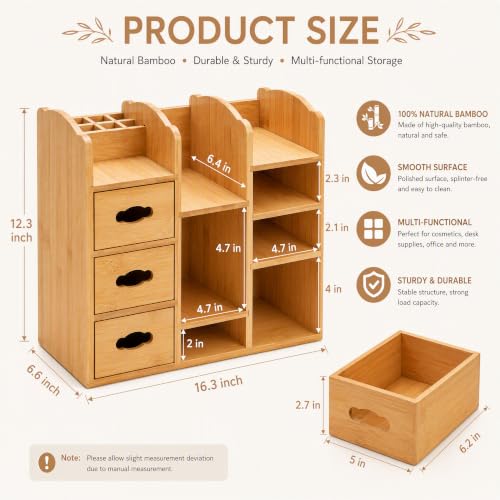 Large Bamboo Makeup Organizer with Drawers and Compartments for Vanity Storage
