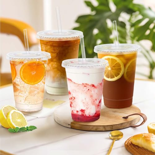 Clawsoff 16oz Disposable Plastic Cups Pack with Lids & Straws - 500 Count
