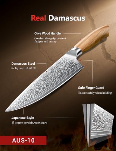 Emojoy 3-Piece Japanese Damascus Steel Knife Set with Olive Wood Handles & Gift Box - Variation 3