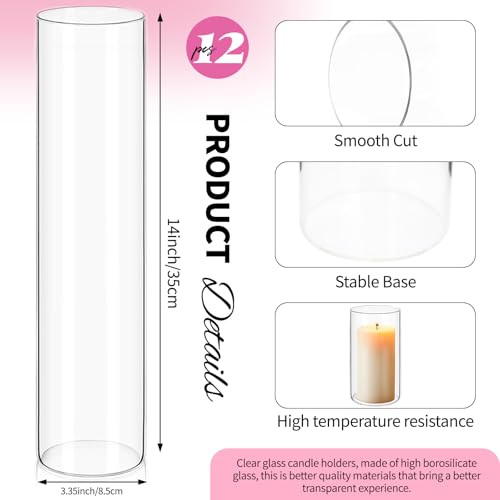 14 Inch Glass Cylinder Vase - 3.35 Inch Diameter for Centerpieces & Candles - 12 Pack, Variation of 3.35×14inch