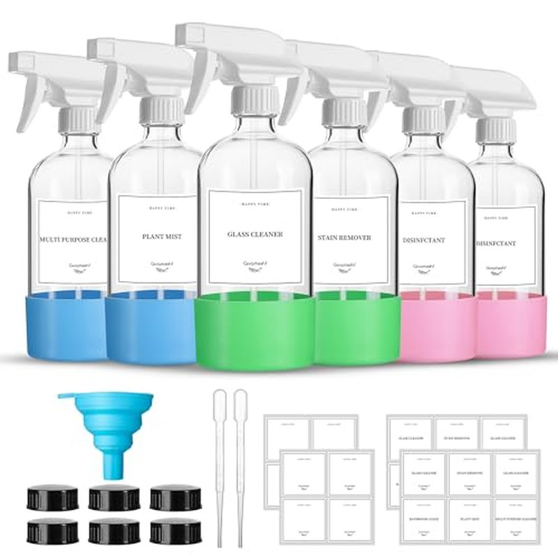 16oz Clear Glass Spray Bottles,6 Pack Glass Spray Bottles Refillable Empty Bottle with Adjustable Nozzle,Spray Bottle for Essential Oils,Cleaning,Pets,Hair Mister