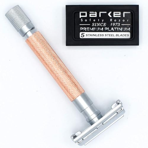 Parker 74R Rose Gold ? Long Handle Butterfly Open Safety Razor for Men | Heavyweight Double Edge Razor Includes 5 Premium Platinum Blades