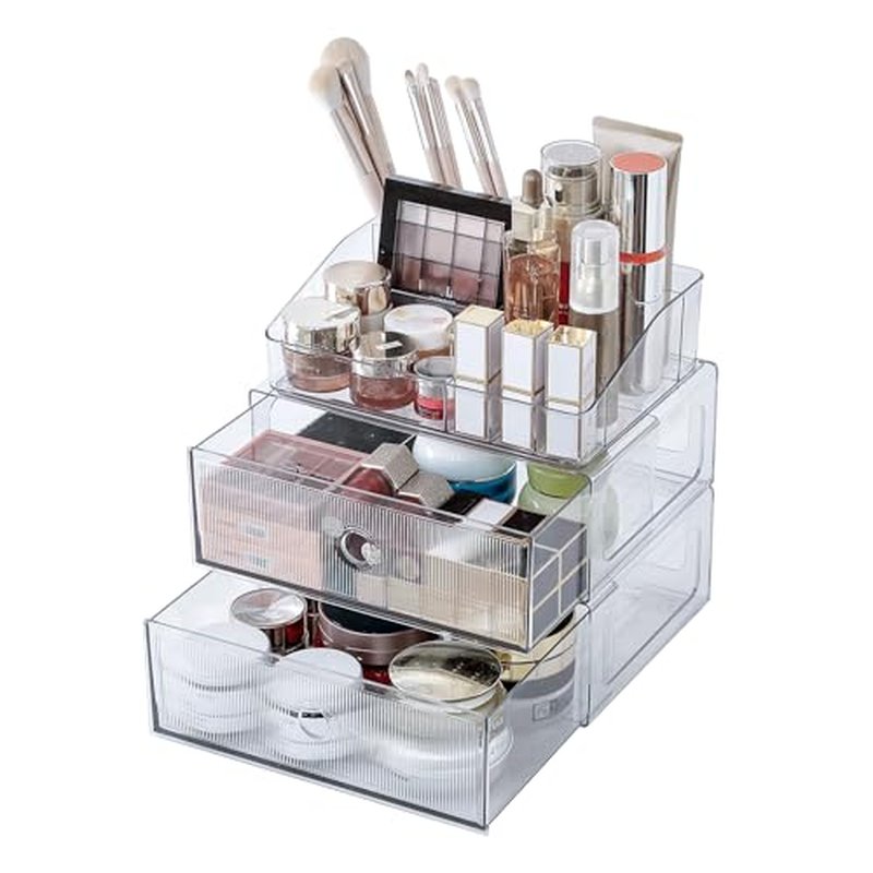 3-Tiers Makeup Organizer with Drawer, Stackable Skincare Storage Box for Vanity and Bathroom, Beauty Essentials, Cosmetic Brushes, Perfume Stand, Large Lipsticks Holder