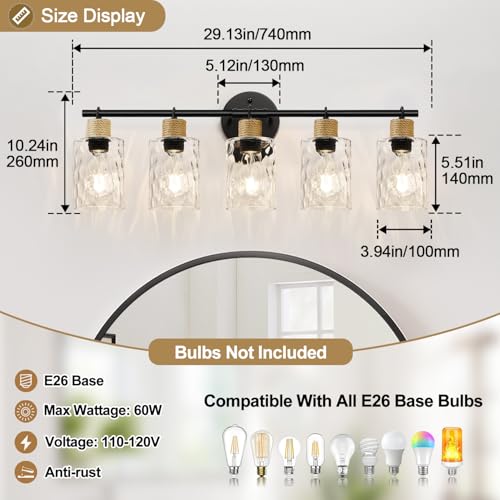 Matte Black 5-Light Coastal Vanity Light with Crystal Glass Shades – Farmhouse Bathroom Wall Fixture