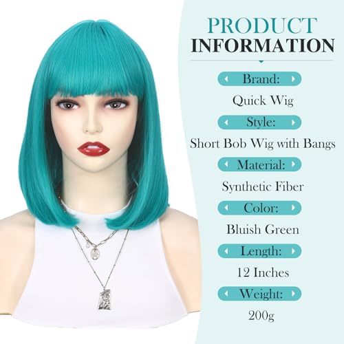 12 Inch Short Bob Wig with Bangs - Teal Blue & Bluish Green Heat-Resistant Synthetic Wig for Cosplay & Party
