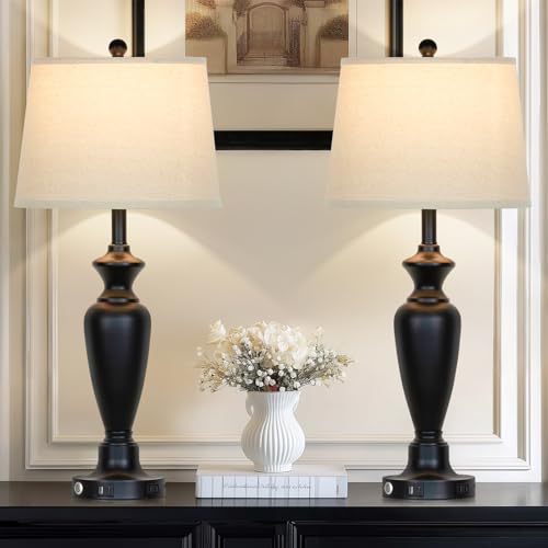 30-Inch Tall Set of 2 Black Touch Control Bedside Lamps with USB Ports & Outlets