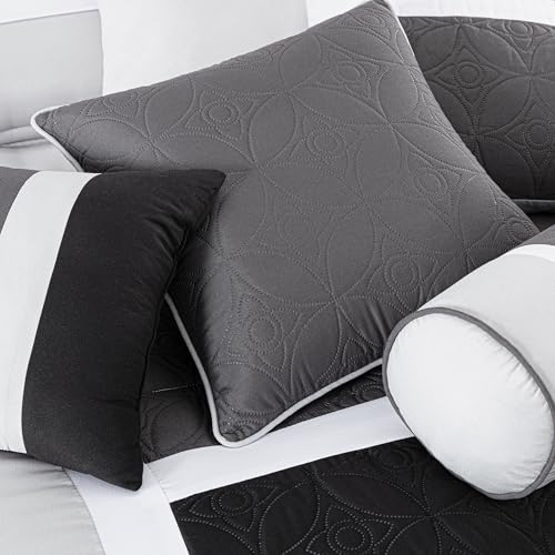 Chezmoi Collection Upland 7-Piece Quilted Patchwork Comforter Set Queen Black Gray Light Gray