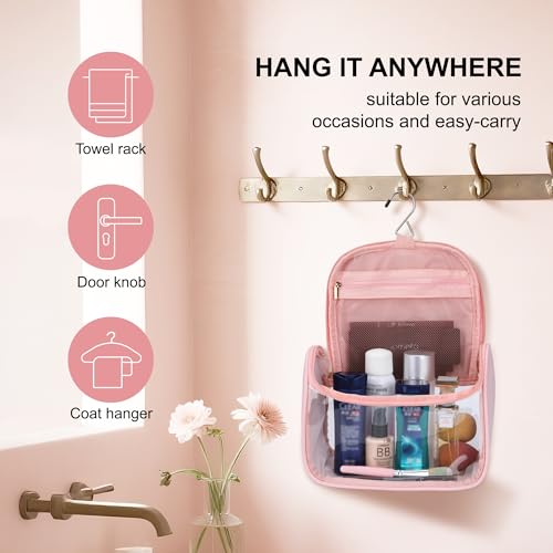YFG Travel Toiletry Bag for Women & Men, Transparent Cosmetic Organizer with Hook, Portable, Organizer, for Travel-Sized Shampoo, makeup Accessories, Brushes Set, Conditioner, Medium Size Pink